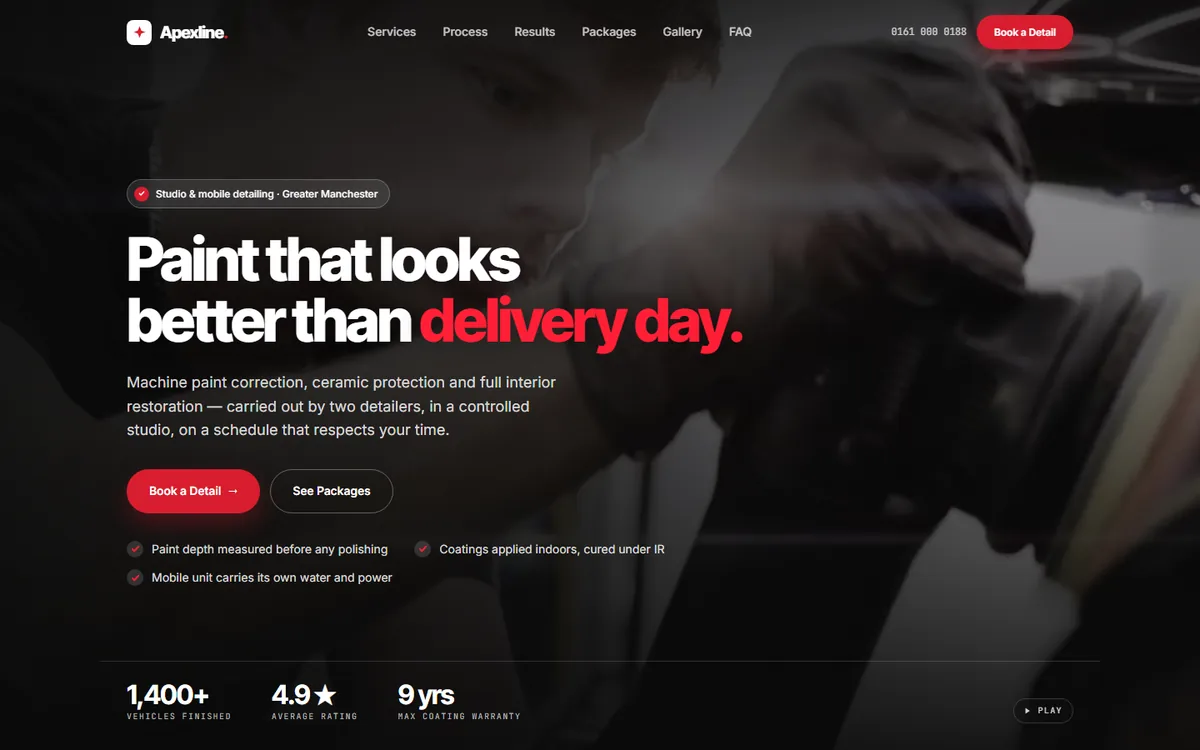 Apexline Detail Studio homepage: a detailer polishing paintwork behind the headline 'Paint that looks better than delivery day.'