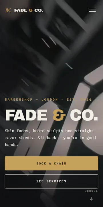 The same Fade & Co homepage on a phone, laid out for a narrow screen.