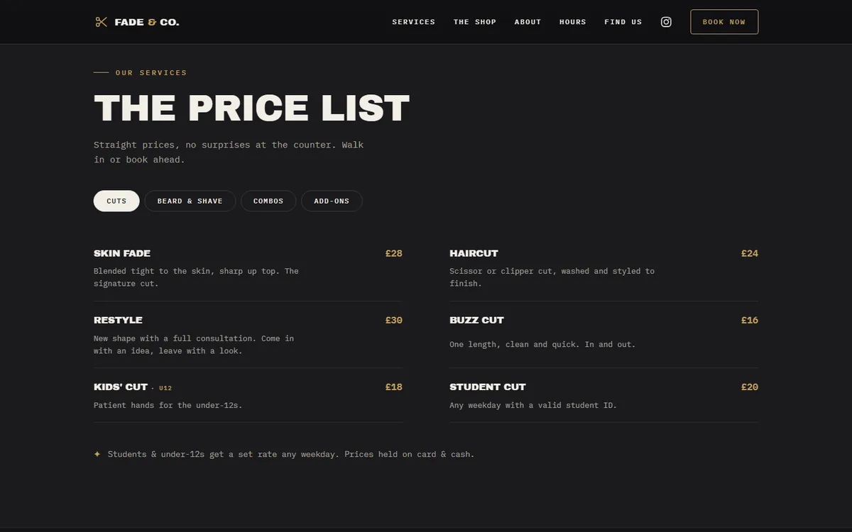 The price list: category filters for cuts, beard and shave, combos and add-ons, with six services priced from £16 to £30.