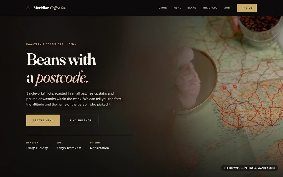 Meridian Coffee Co. homepage: coffee beans poured over a map behind the headline 'Beans with a postcode.'